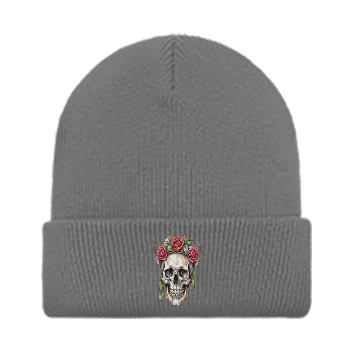 Gray Beanie with Skull and Rose Design
