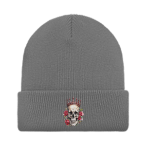 Gray Skull Beanie with Crown and Roses