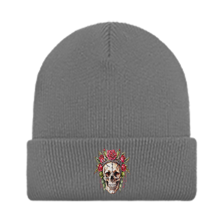 Stylish Skull and Roses Gray Beanie