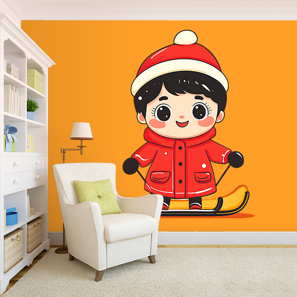 Charming Skiing Cartoon Wall Mural